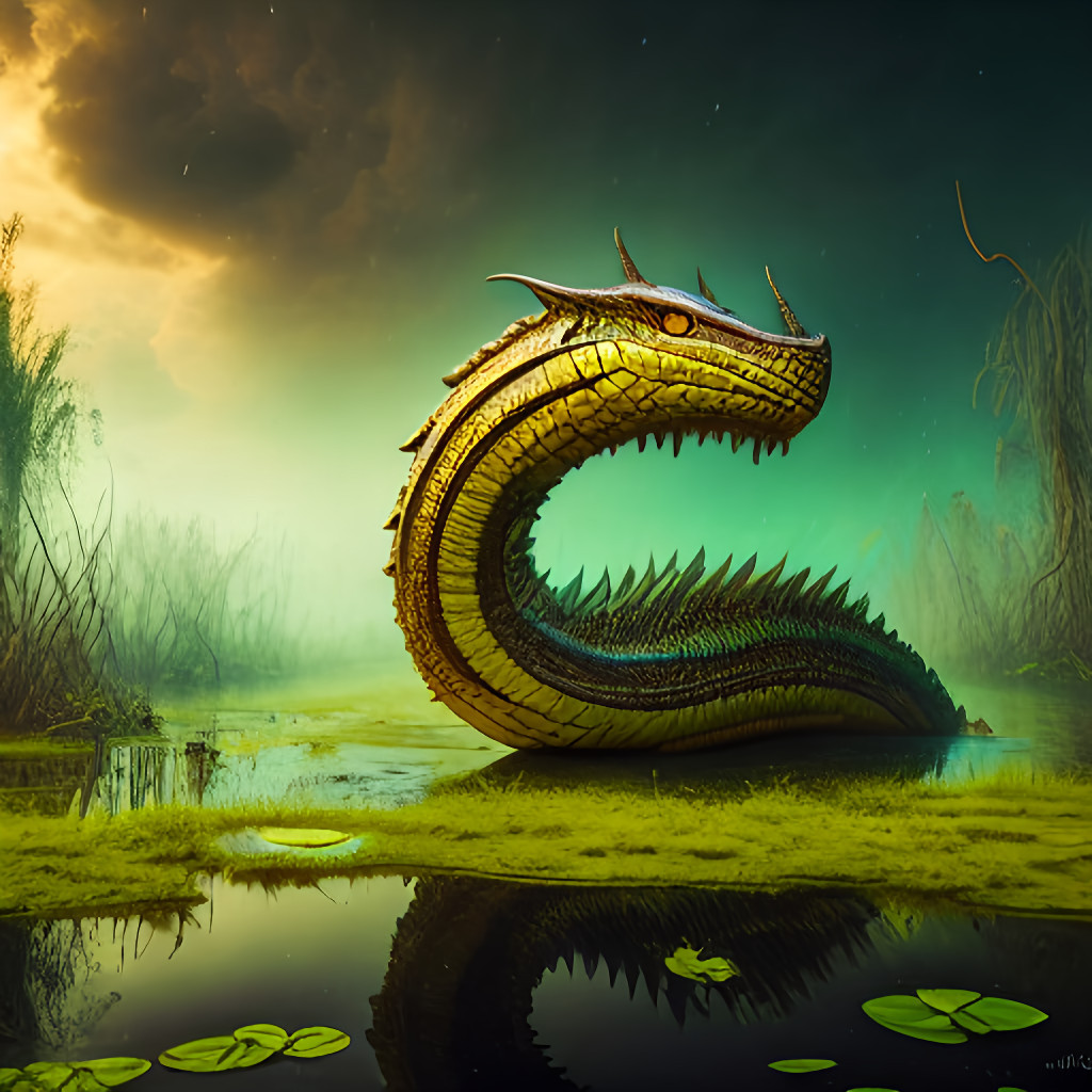 a_alien_yellow_serpent_in_the_swamp__ultra_detailed__best_quality__masterpiece___volumetric_lighting__bright___novelai__oil_painting__4k_wallpaper_-c4272f2e-bcaa-42dd-a3aa-be4794ccfd6c
