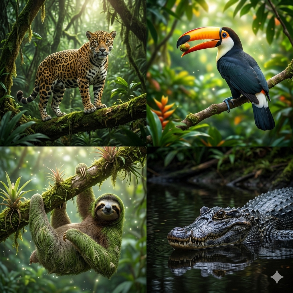 espèces endémiques jaguar Toucan Toco Le Paresseux à gorge brune Caïman noir