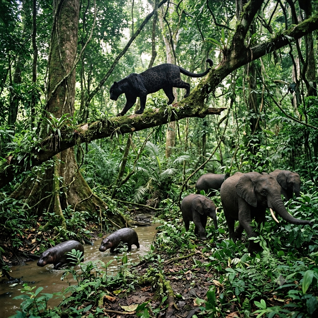 panthère noire éléphants de forêt et hippopotames pygmées